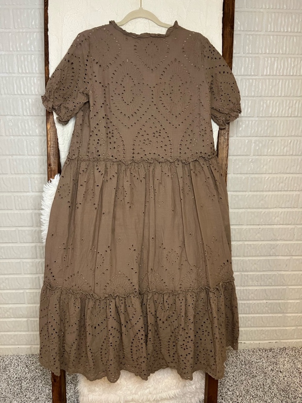 Boho Taupe Eyelet Tiered Midi Dress with Tassel Ties – Size Large - Picture 4 of 4